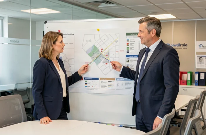 Deux agents immobiliers discutant de la carte du site Forum Immobilier devant un tableau blanc en salle de réunion