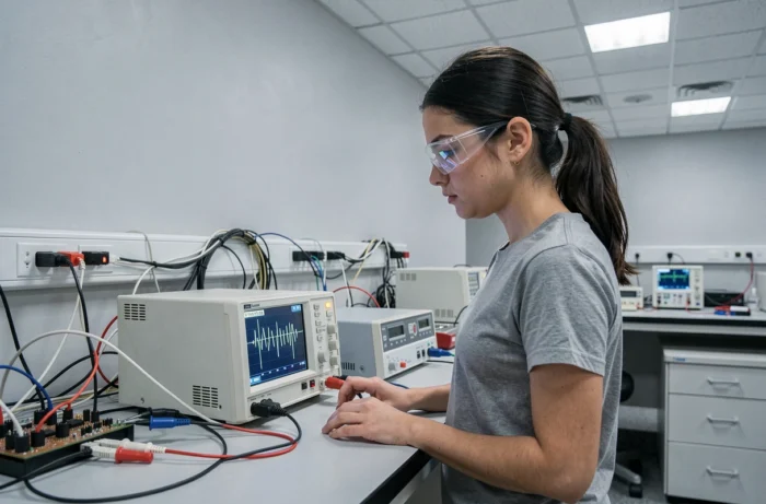 Jeune femme analysant la tension de claquage d'une diode zener sur un oscilloscope en laboratoire électronique