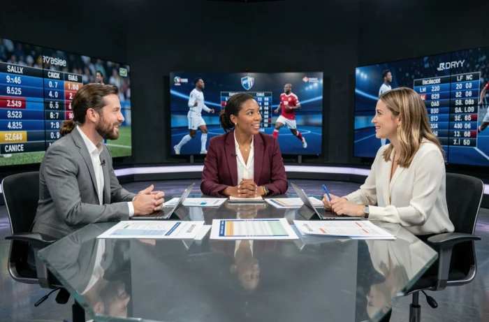 Équipe d'analystes sportifs discutant des actualités du sport autour d'un plateau de télévision moderne