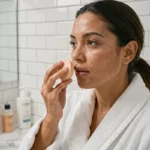 Femme appliquant le fond de teint L'Oréal Accord Parfait avec une éponge devant un miroir de salle de bain