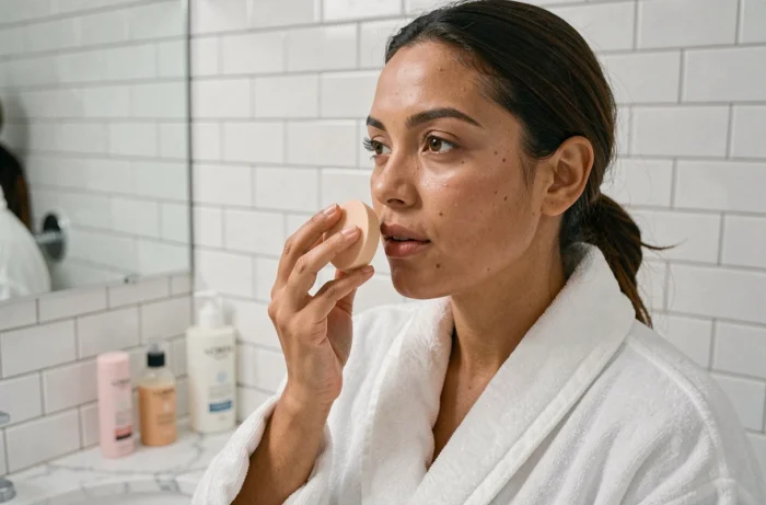 Femme appliquant le fond de teint L'Oréal Accord Parfait avec une éponge devant un miroir de salle de bain
