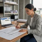 Architecte femme analysant un plan de site de construction imprimé sur un bureau professionnel avec ordinateur affichant une navigation de site web