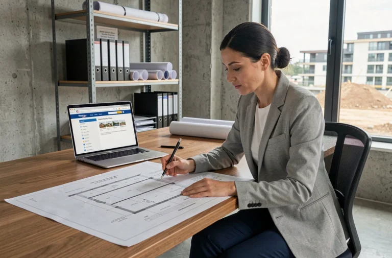 Architecte femme analysant un plan de site de construction imprimé sur un bureau professionnel avec ordinateur affichant une navigation de site web