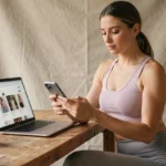Femme consultant des avis clients Halara sur son smartphone à un bureau en bois