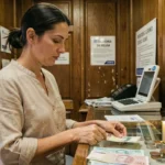 Femme échangeant des devises dans un bureau de change à Gibraltar, billets de livres sterling et euros sur le comptoir