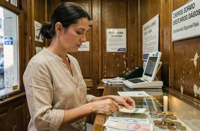 Femme échangeant des devises dans un bureau de change à Gibraltar, billets de livres sterling et euros sur le comptoir