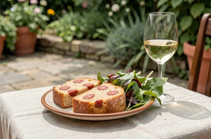 Tranches de cake au chorizo servies avec une salade verte sur une terrasse ensoleillée