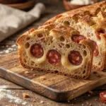 Cake au chorizo tranché sur une planche en bois révélant une mie moelleuse et fondante avec des rondelles de chorizo