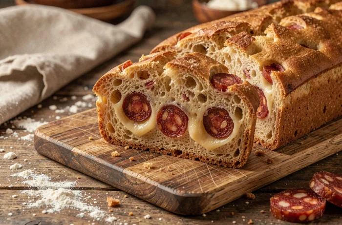 Cake au chorizo tranché sur une planche en bois révélant une mie moelleuse et fondante avec des rondelles de chorizo