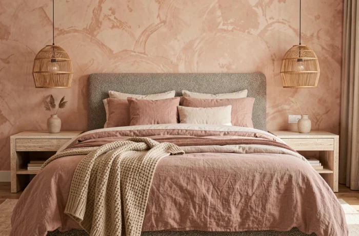 Chambre principale décorée avec literie en lin superposée, tête de lit en bouclé et mur en stuc terracotta