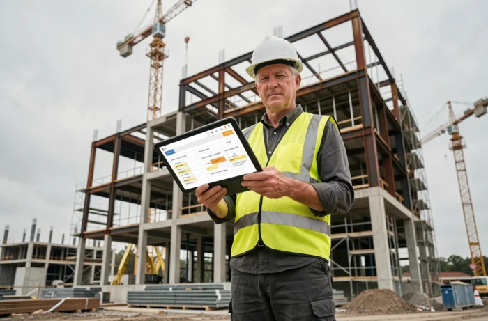 Chef de chantier consultant un sitemap de site de construction sur tablette numérique en extérieur avec structure en béton en arrière-plan