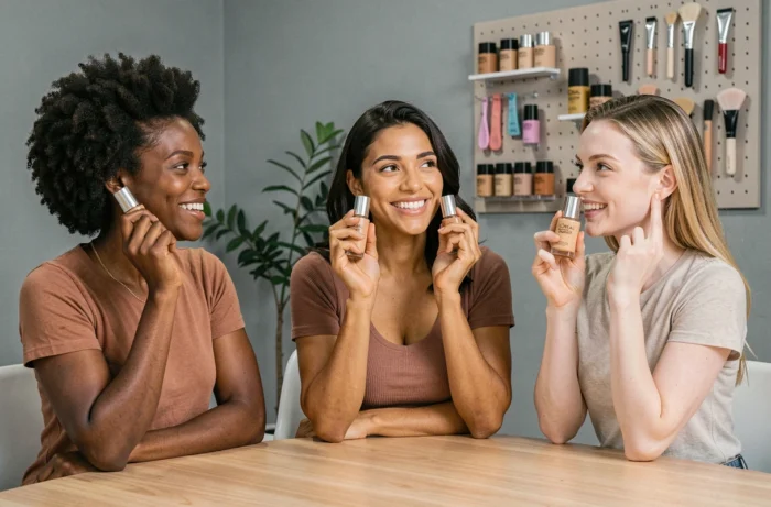 Trois femmes aux carnations différentes comparant les teintes du fond de teint L'Oréal Accord Parfait