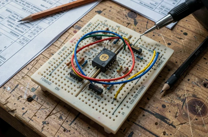 Gros plan d'un circuit régulateur de tension avec diode zener sur une platine d'essai breadboard