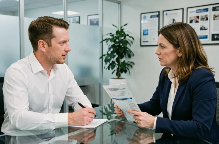Client et conseillère en assurance auto discutant d'un contrat dans une agence professionnelle