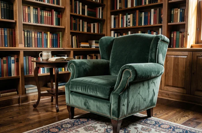 Coin lecture cosy avec fauteuil en velours vert forêt et bibliothèque intégrée du sol au plafond