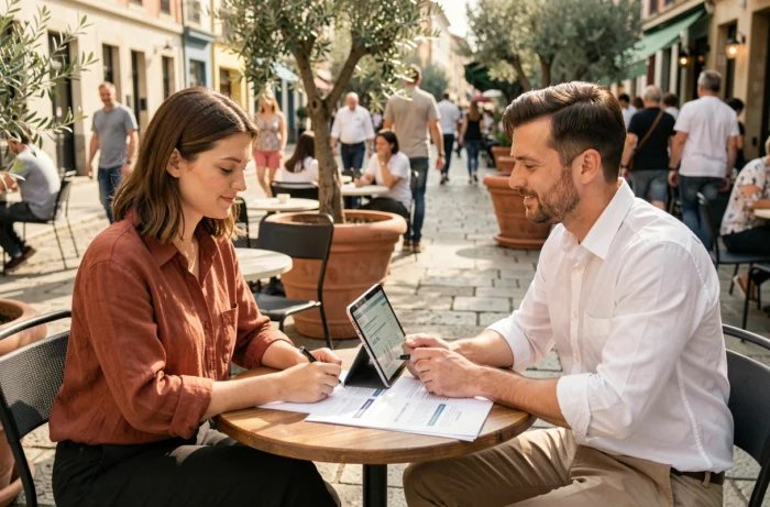 Deux entrepreneurs collaborant sur une stratégie de business en ligne autour d'une table de café en terrasse urbaine
