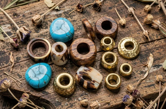 Collection d'écarteurs d'oreilles en bois sculpté, pierre turquoise, corne de buffle et laiton sur bois brut
