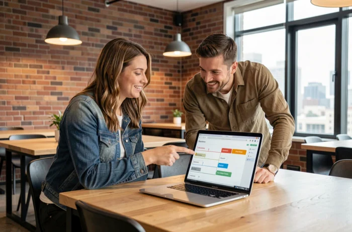 Deux collègues explorant ensemble le plan de navigation d'un site immobilier sur un ordinateur portable dans un espace de coworking
