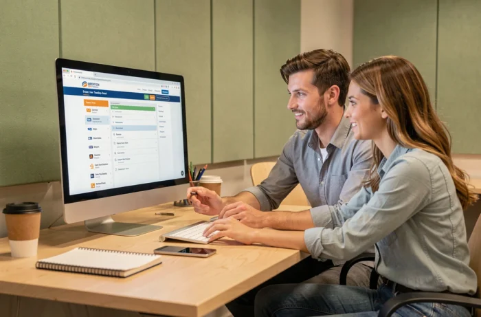 Deux collègues explorant ensemble la navigation d'un site web dédié à la construction sur un ordinateur de bureau dans un espace de travail moderne