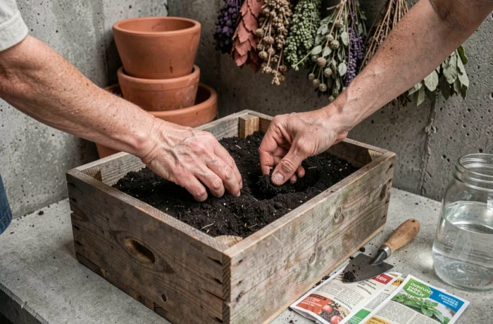 Mains féminines travaillant du compost dans une caisse en bois recyclée pour créer un mini potager naturel