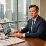 Comptable en costume marine analysant des documents fiscaux et des graphiques financiers dans un bureau d'entreprise moderne avec vue sur la ville