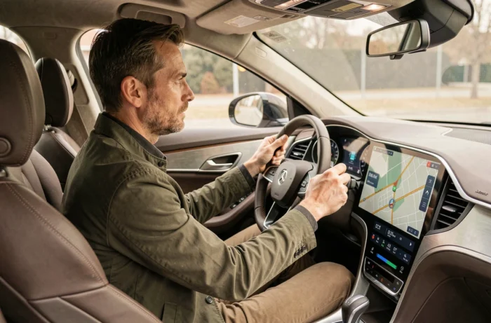 Conducteur masculin dans la quarantaine au volant d'une voiture connectée avec tableau de bord numérique et écran tactile courbe