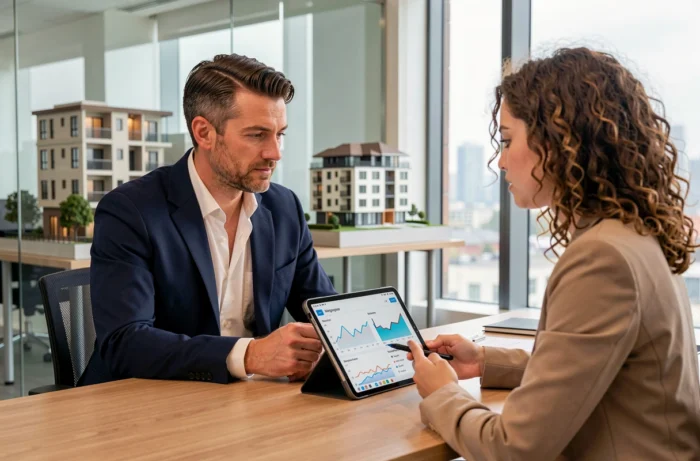Conseiller immobilier présentant une simulation de prêt immobilier à une cliente dans une agence professionnelle