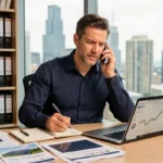 Consultant en solutions énergétiques au téléphone dans un bureau professionnel avec documents et graphiques de consommation