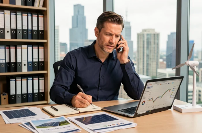 Consultant en solutions énergétiques au téléphone dans un bureau professionnel avec documents et graphiques de consommation