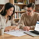 Couple en train d'étudier des documents immobiliers et un plan de financement autour d'une table en bois dans un appartement moderne
