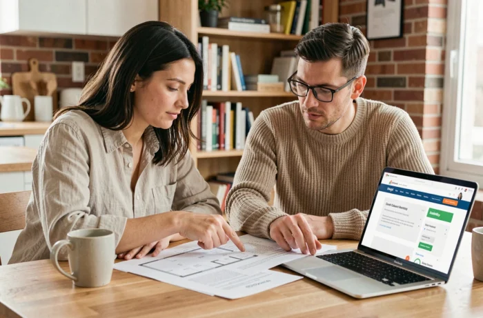 Couple en train d'étudier des documents immobiliers et un plan de financement autour d'une table en bois dans un appartement moderne