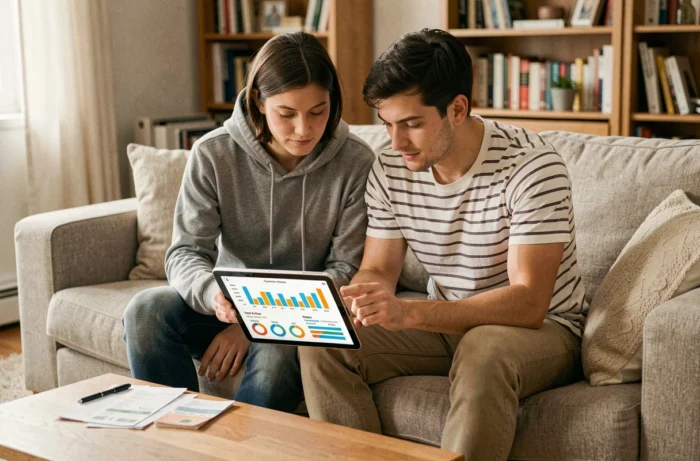 Jeune couple planifiant leurs finances personnelles ensemble sur une tablette dans leur salon