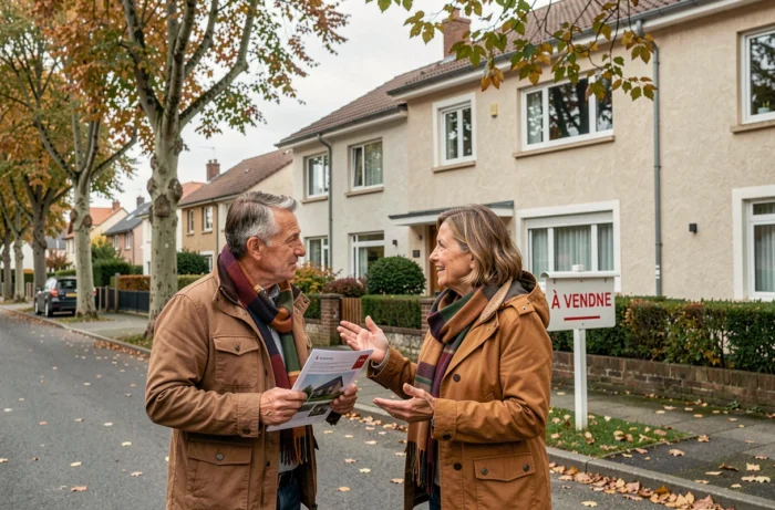Couple examinant une maison à vendre dans un quartier résidentiel avec un panneau immobilier dans le jardin