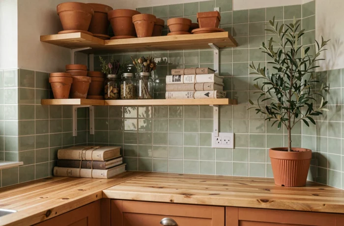 Cuisine décorée avec des étagères ouvertes, des carreaux zellige vert sauge et des accessoires en céramique terracotta