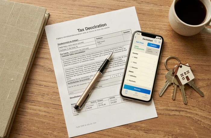 Vue aérienne d'un bureau avec formulaire de déclaration fiscale pour location meublée, smartphone et clés d'appartement