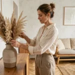 Femme aménageant un vase en céramique avec des herbes de pampa dans un salon au style scandinave épuré