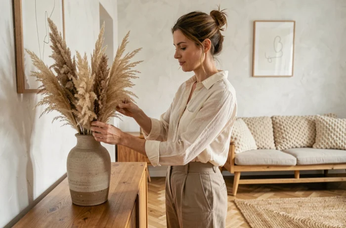 Femme aménageant un vase en céramique avec des herbes de pampa dans un salon au style scandinave épuré
