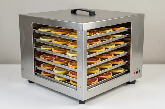 Déshydrateur alimentaire avec des plateaux chargés de rondelles de citrons et pamplemousses en cours de séchage
