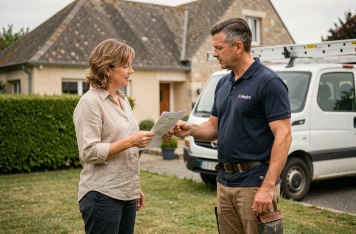 Propriétaire et artisan couvreur discutant d'un devis de réfection de toiture devant une maison individuelle