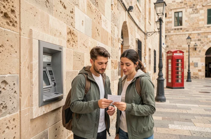 Deux voyageurs consultant un distributeur automatique de billets dans une ruelle typique de Gibraltar pour retirer des livres sterling
