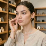 Jeune femme portant un écarteur d'oreille en obsidienne noire dans une boutique de bijoux contemporaine