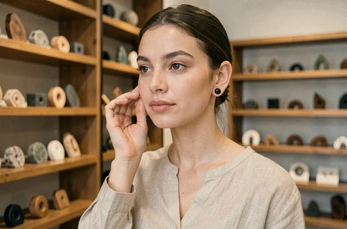 Jeune femme portant un écarteur d'oreille en obsidienne noire dans une boutique de bijoux contemporaine