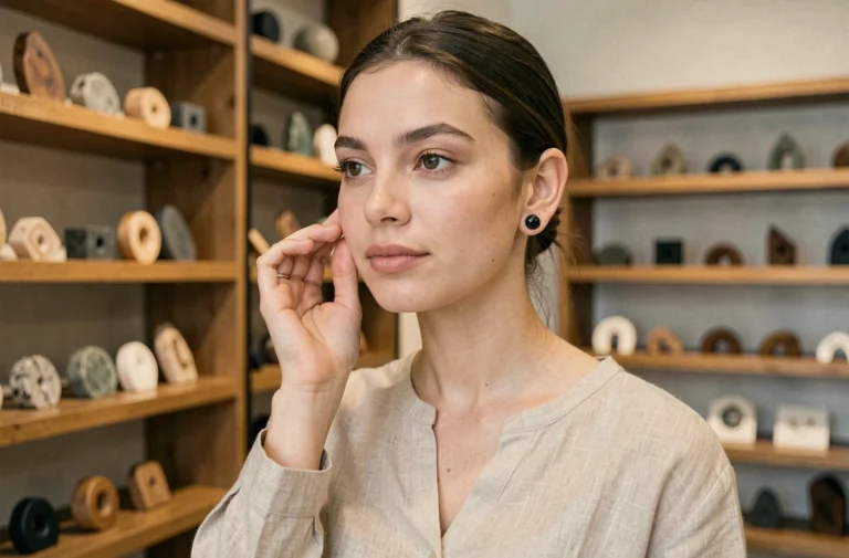 Jeune femme portant un écarteur d'oreille en obsidienne noire dans une boutique de bijoux contemporaine