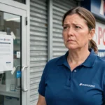 Employée d'un magasin GiFi devant l'entrée fermée avec pancarte de fermeture affichée sur la vitrine