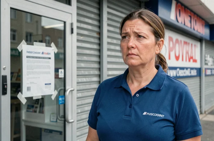 Employée d'un magasin GiFi devant l'entrée fermée avec pancarte de fermeture affichée sur la vitrine