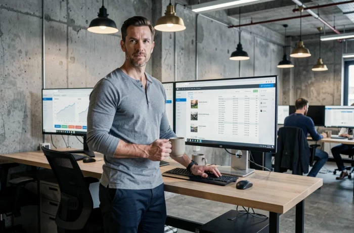 Entrepreneur masculin travaillant sur une stratégie e-commerce dans un espace de co-working moderne avec écrans multiples