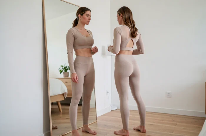 Femme évaluant la coupe d'une tenue Halara devant un miroir dans une chambre minimaliste
