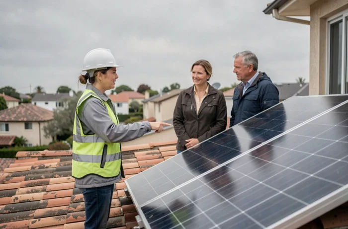 Experte en énergie solaire expliquant une installation de panneaux photovoltaïques à des propriétaires sur un toit résidentiel