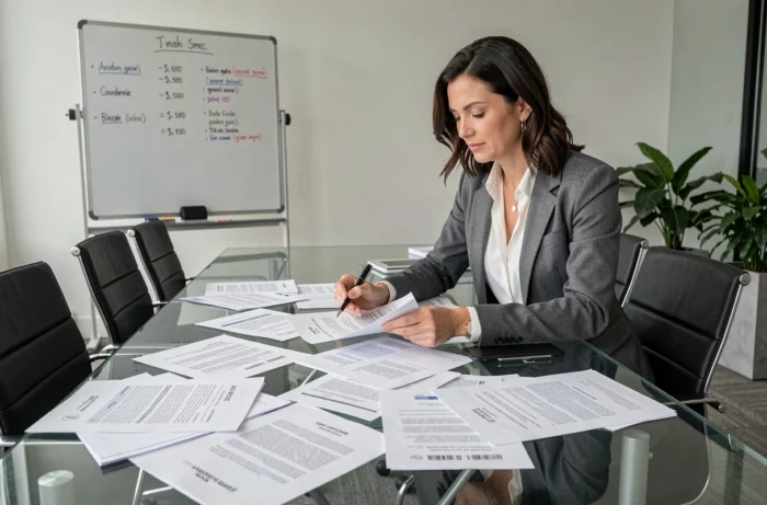 Femme d'affaires étudiant des rapports de stratégie fiscale et des documents juridiques lors d'une réunion en salle de conférence moderne
