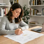 Femme analysant un plan de site imprimé dans un bureau scandinave moderne pour améliorer la navigation web